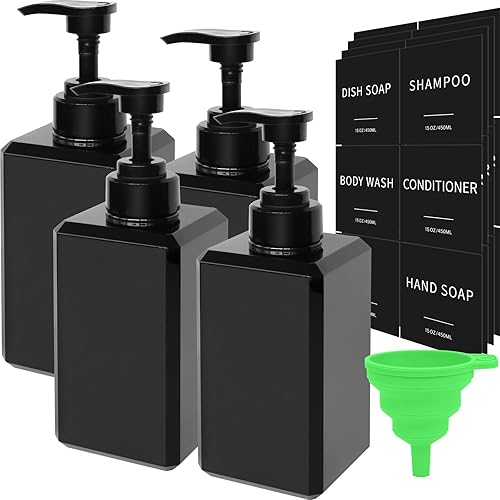 Dispensador de jabón negro con etiquetas impermeables, dispensador de jabón de manos de plástico grueso para baño, botellas de líquido para lavar