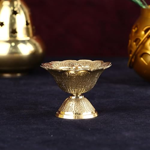 Miniatura 4 de SATVIK - 1 pieza de latón en forma de flor Diya diseño grabado Devdas Metal Akhand Dia Festival Diwali Puja Pooja Mandir Home Temple Oil Lamp con