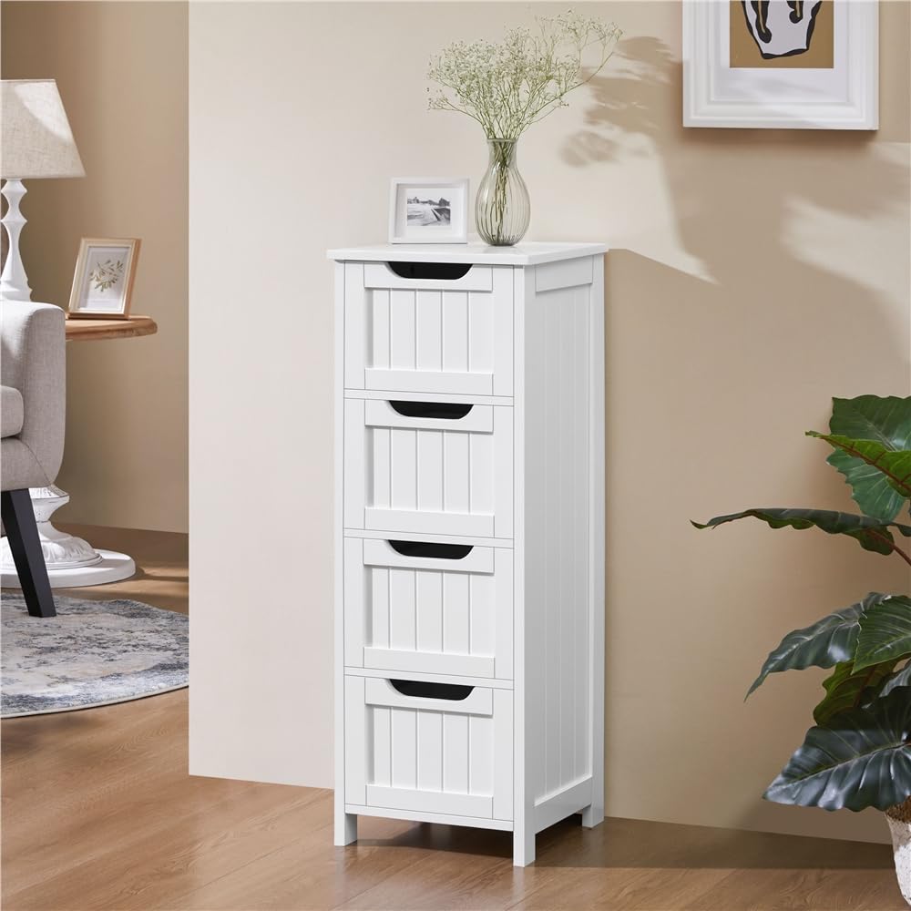 Yaheetech Meuble Rangement Salle de Bain, Colonne Salle de Bains, 30 × 30 × 82 cm, 4 Tiroirs, Petit Meuble Toilette/Salon/Chambre, Blanc