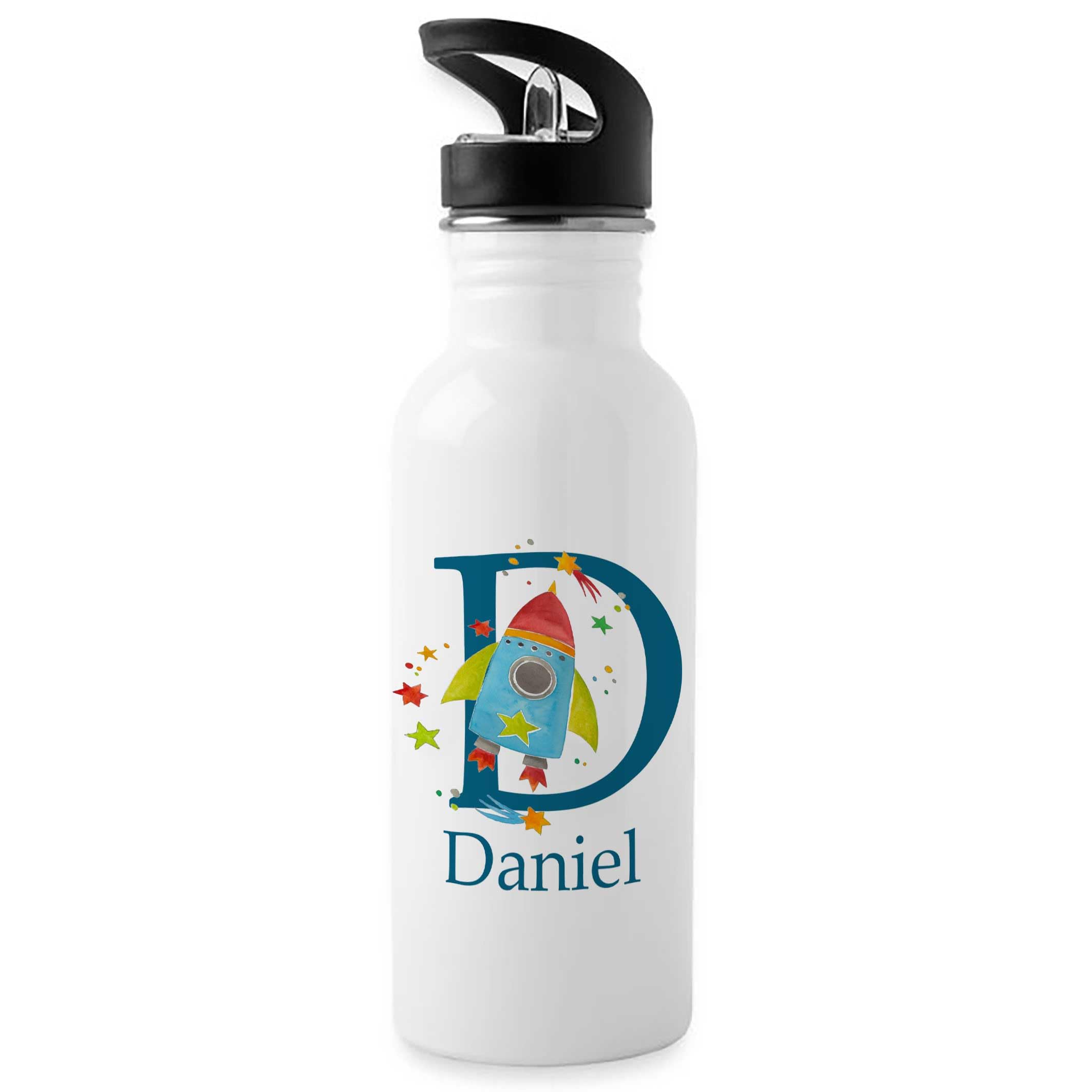 Tigerlilyprints Personalised Boys Water Bottle 500ml with Straw Lid – Custom Name Aluminium Drinks Bottle – Kids School Sports Gym Outdoor Football Design – Birthday Gift for Boys UK (rocketinitial) — image 1