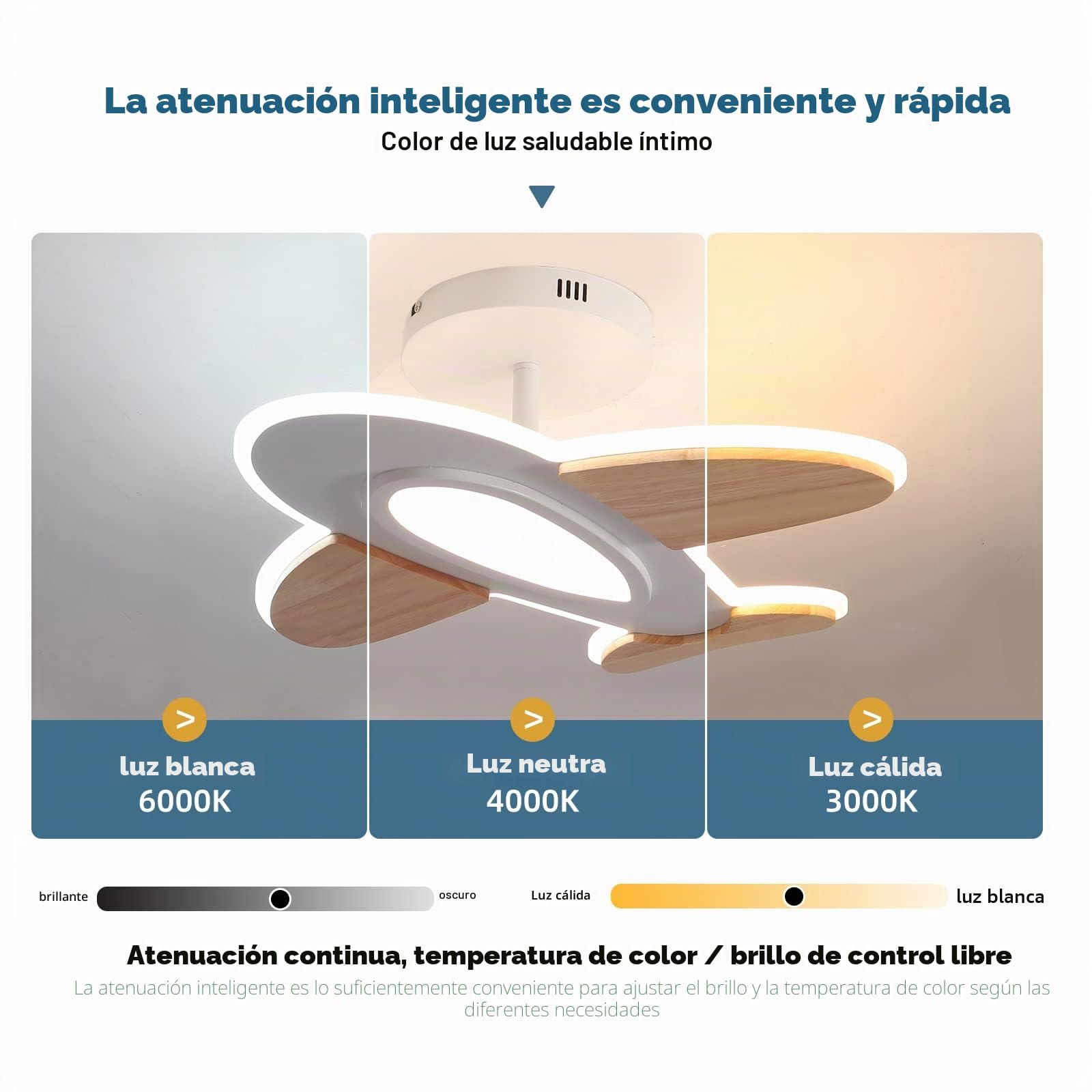 Lámpara de techo LED de 35 W para habitación infantil I con forma de avión regulable con mando a distancia I 50 x 45 cm I 2700-6500 K I Blanco y Madera Accesorios Lámpara de techo