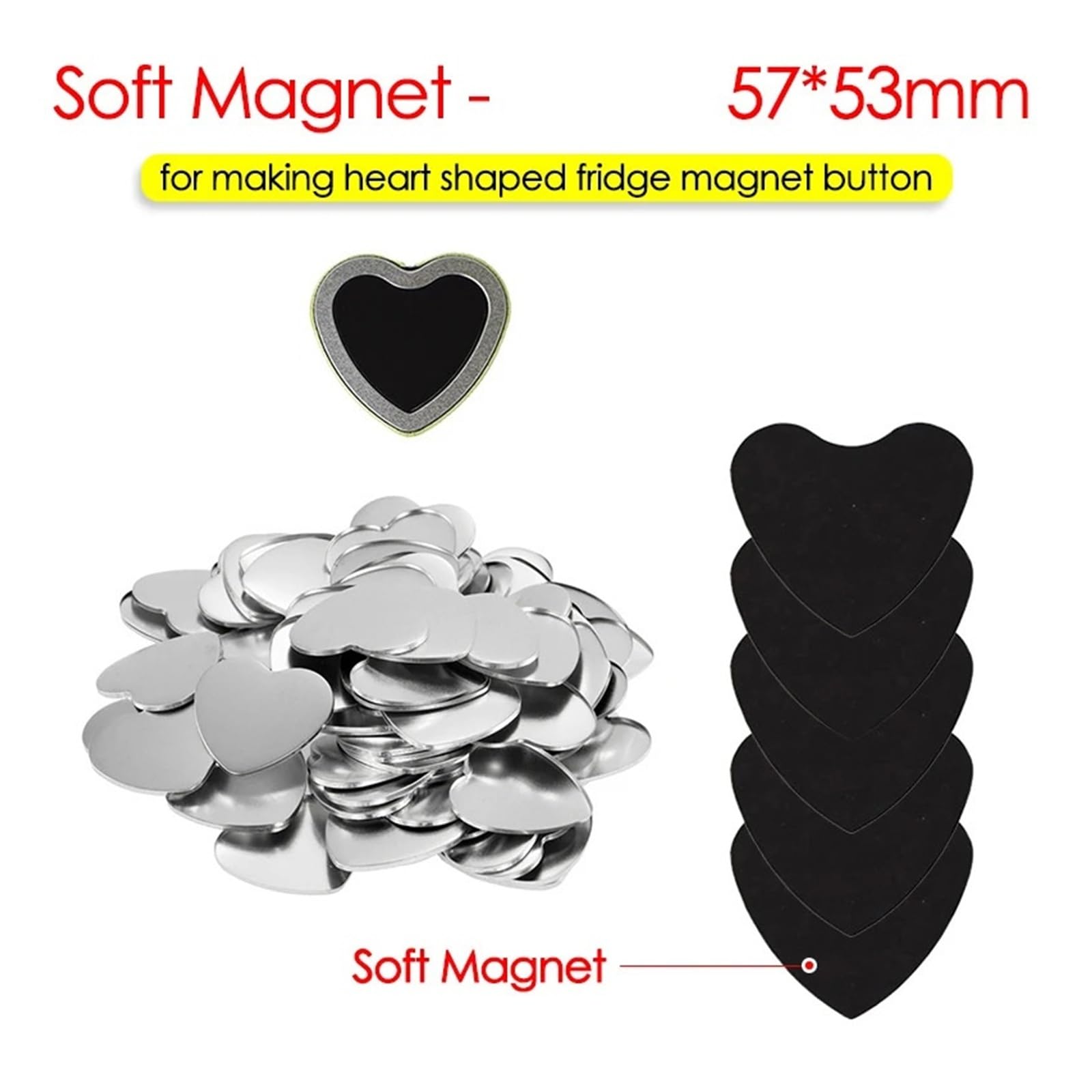 100 sztuk 57x53mm miękki magnes lodówka przycisk odznaka materiały do ​​rękodzieła DIY serce metalowe puste części wydajnie