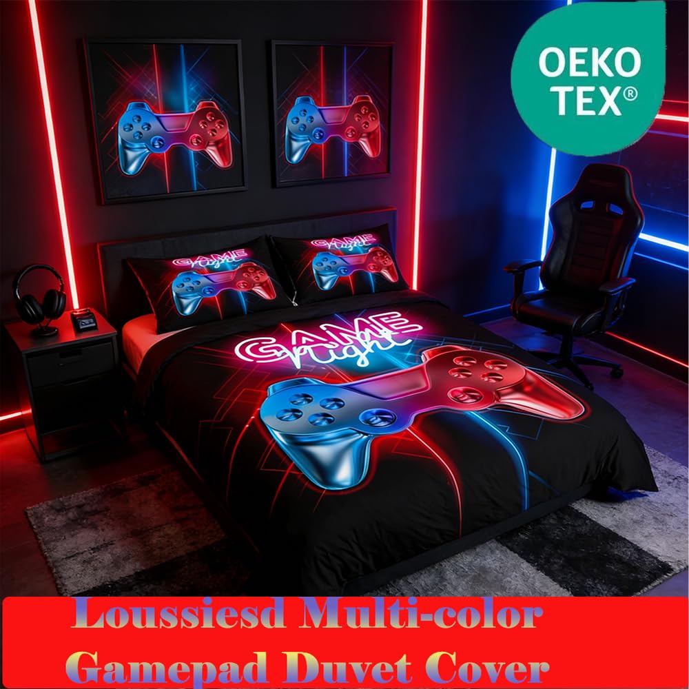 Loussiesd King Gamer bedrucktes Bettdeckenbezug-Set, mehrfarbig, Gamepad, Bettbezug, Videospiel-Controller, luxuriöse Raumdekoration, 3-teiliges Bettwäsche-Set mit 2 Kissenbezügen