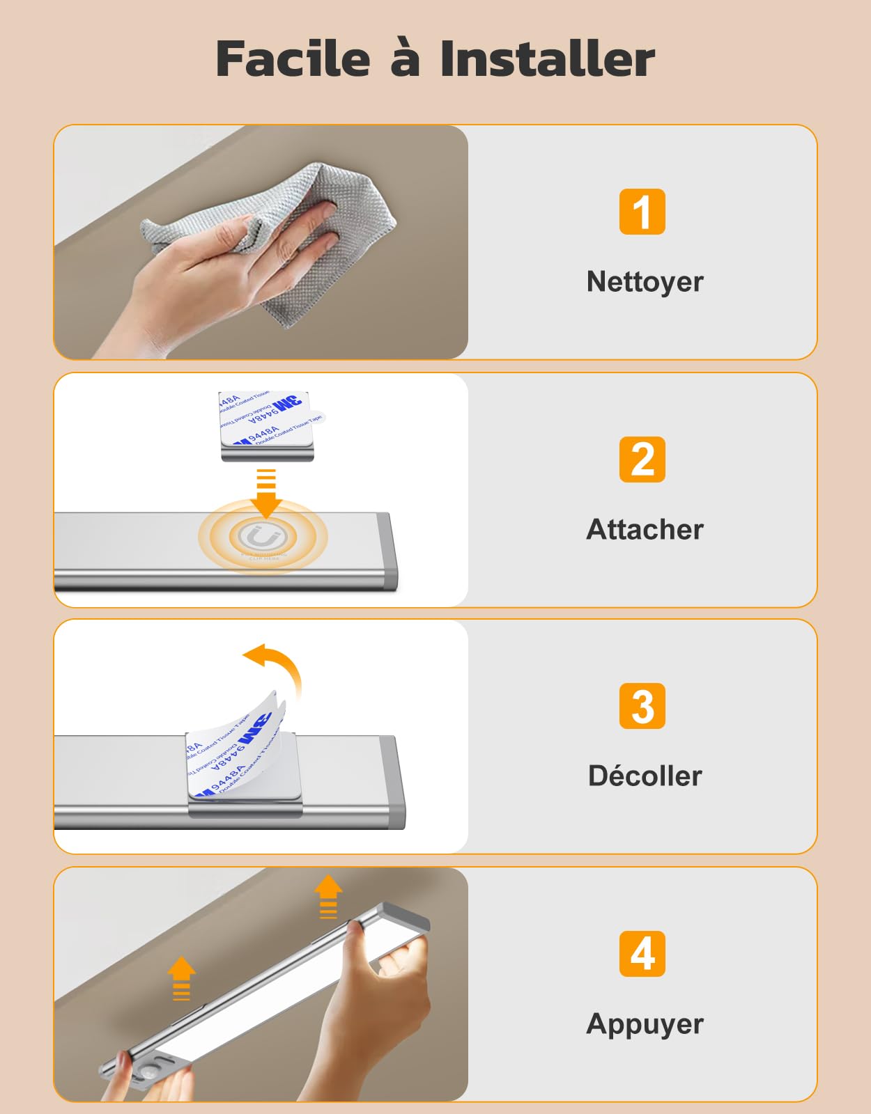LED Cuisine Sous Meuble, 6000K 35 LED Dimmable Lampe Detecteur de Mouvement Interieur, 2000mAh Rechargeable Lampe de Placard Aimant Veilleuse pour Armoires Escalier Couloir (24CM*2 Pièces)