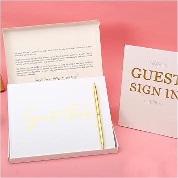 Wedding Guest Book 100 Blank Pages Elegant Blank Guest Book with Pen, Sign Guestbook for Wedding Reception Baby Shower Special Events White/Gold English