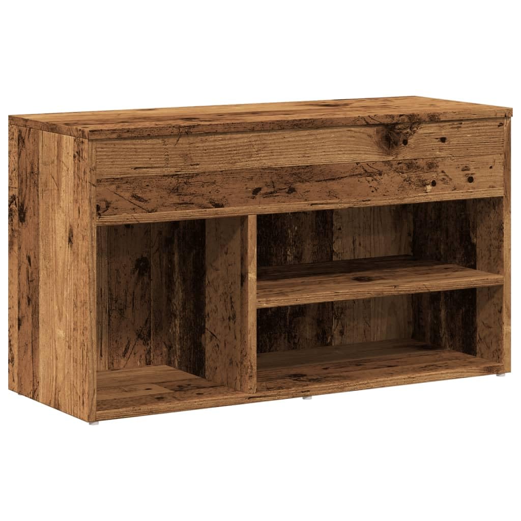 Banc à chaussures bois vieilli 80cm avec assise et étagère de rangement