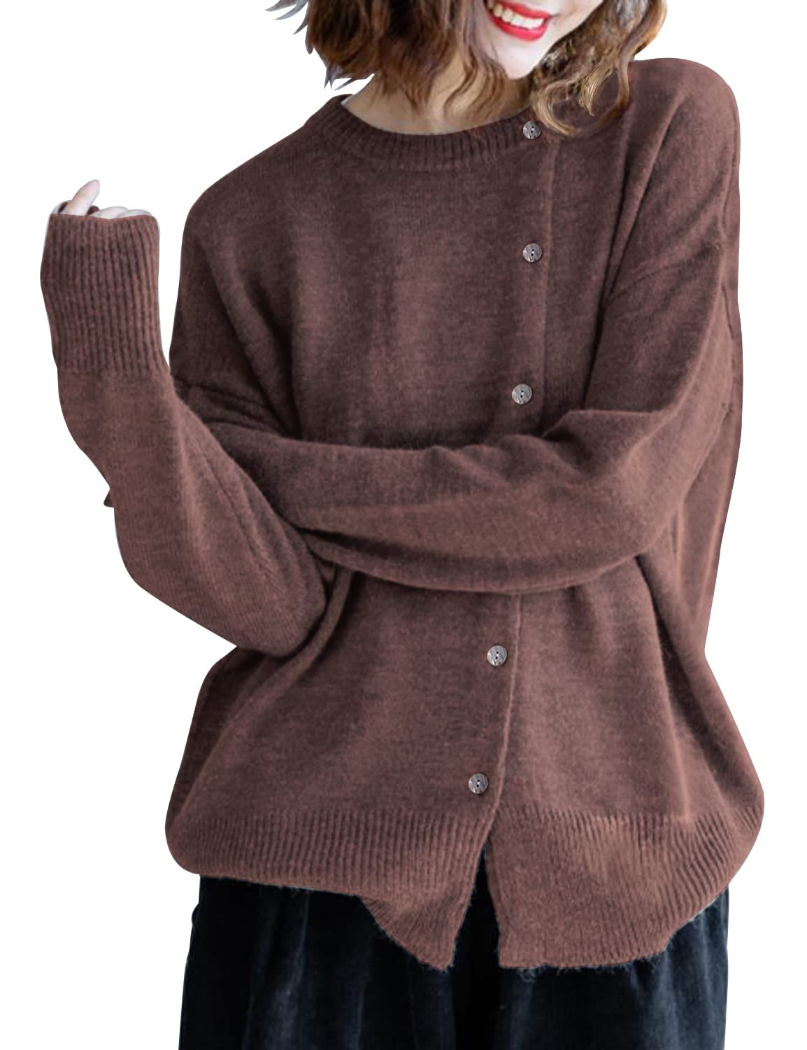 Women Casual Oversized Cardigans Long Sleeve Sweater with Obliquely  Buttoned Knit Jumper YQ1UK