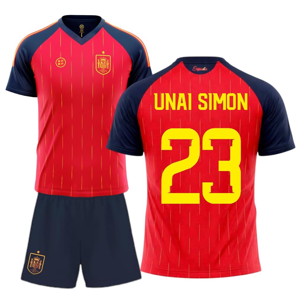 camiseta selección española mundial 2026-2028 replica oficial | Kit niño camiseta y pantalón | Unai Simón 23 | Roja | Equipación fútbol infantil | Cómoda y transpirable