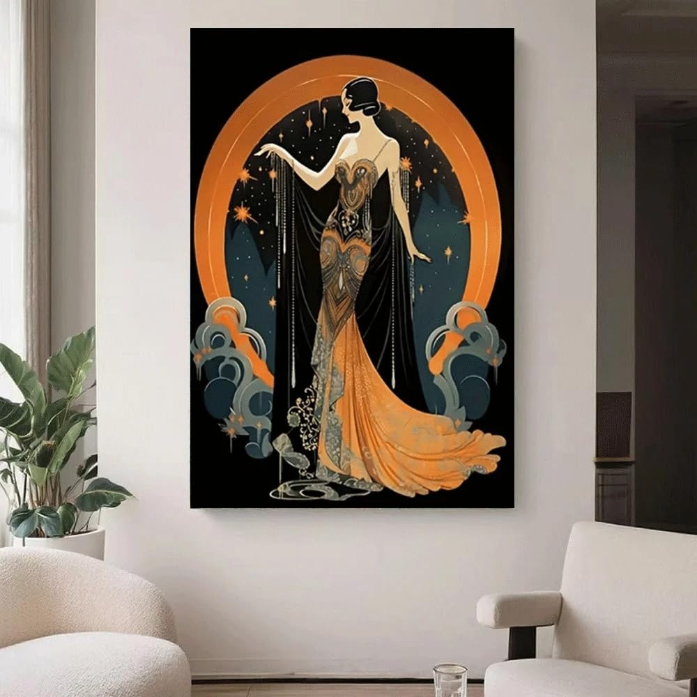 VCBNUGH Decorazione murale in stile Flapper, arte geometrica con stelle celesti, decorazione glamour per la casa, stampa su tela (50x70 cm/con cornice)