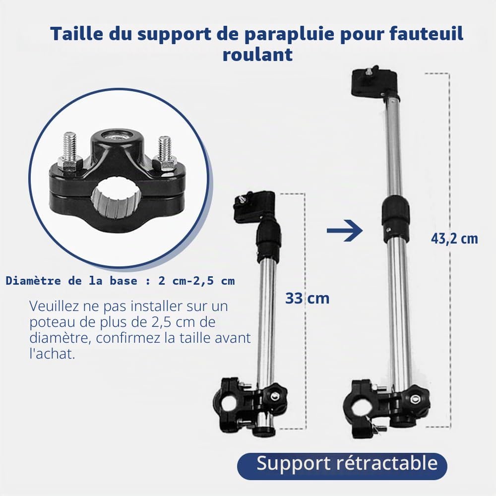 Parapluie pour fauteuil roulant avec support – Pare-soleil électrique pour fauteuil roulant – Support réglable pour parasol excentrique coupe-vent