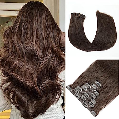 Clip in Hair Extensions Real Human Hair, Dark Brown Seamless Clip In Hair Extensions 100% Unprocessed Full Head Remy Human Hair Invisible Lace Skin Weft for Women(14 inches #2 Dark Brown)
