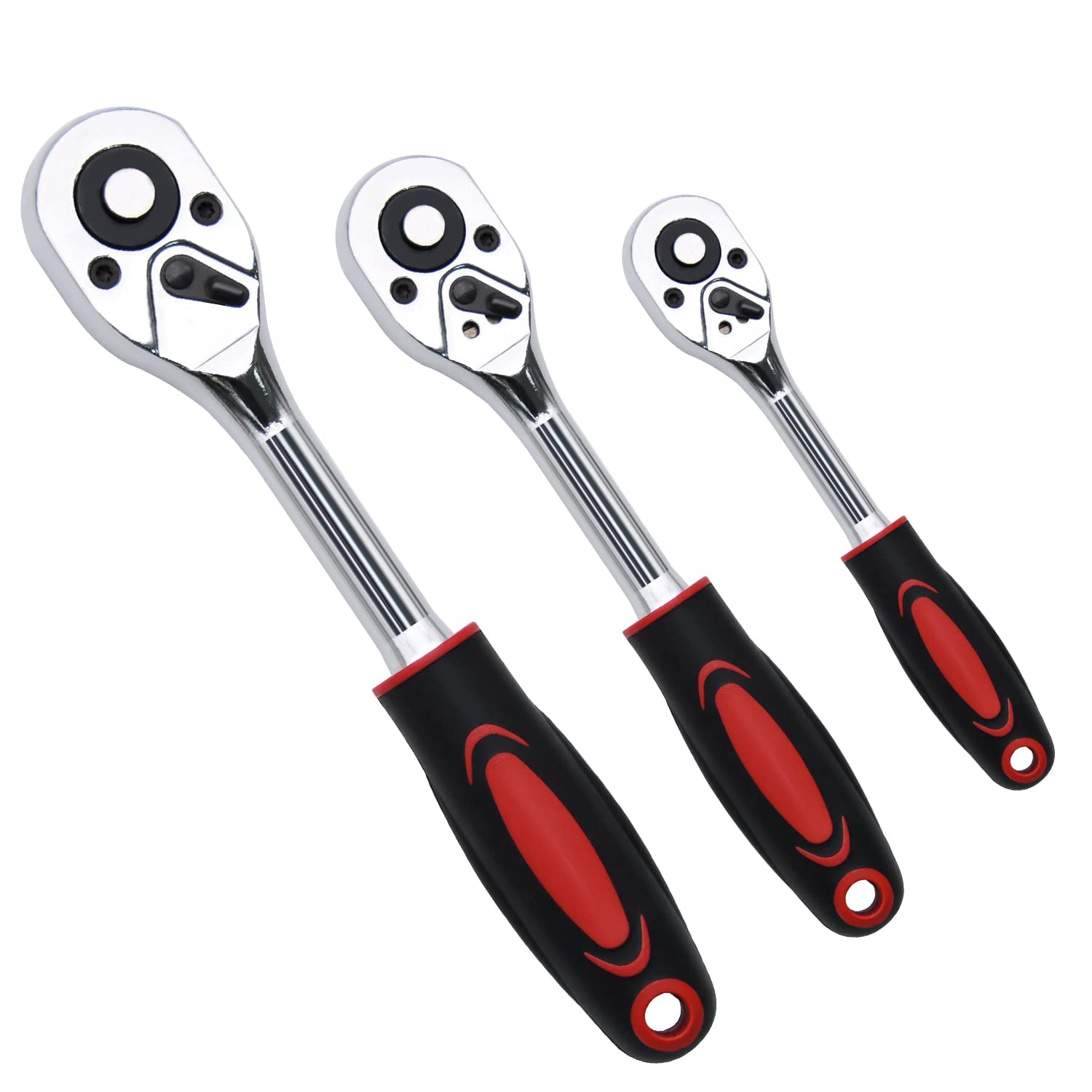 Ratchet Set, 3 Pcs Professional Heavy Duty Ratchet Tool Set, Durable Drive Ratchet Wrench 1/4", 3/8",1/2", Quick-release Reversible Ratchet Handle, Chrome Vanadium Steel Construction and Chrome Plated