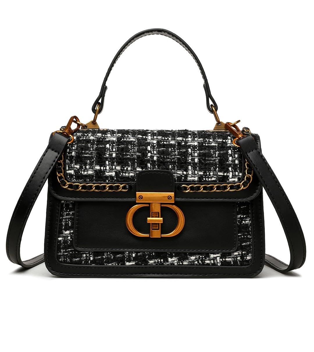 Black Tweed & Vegan Leather Crossbody Bag with Gold-Tone Hardware-image-14