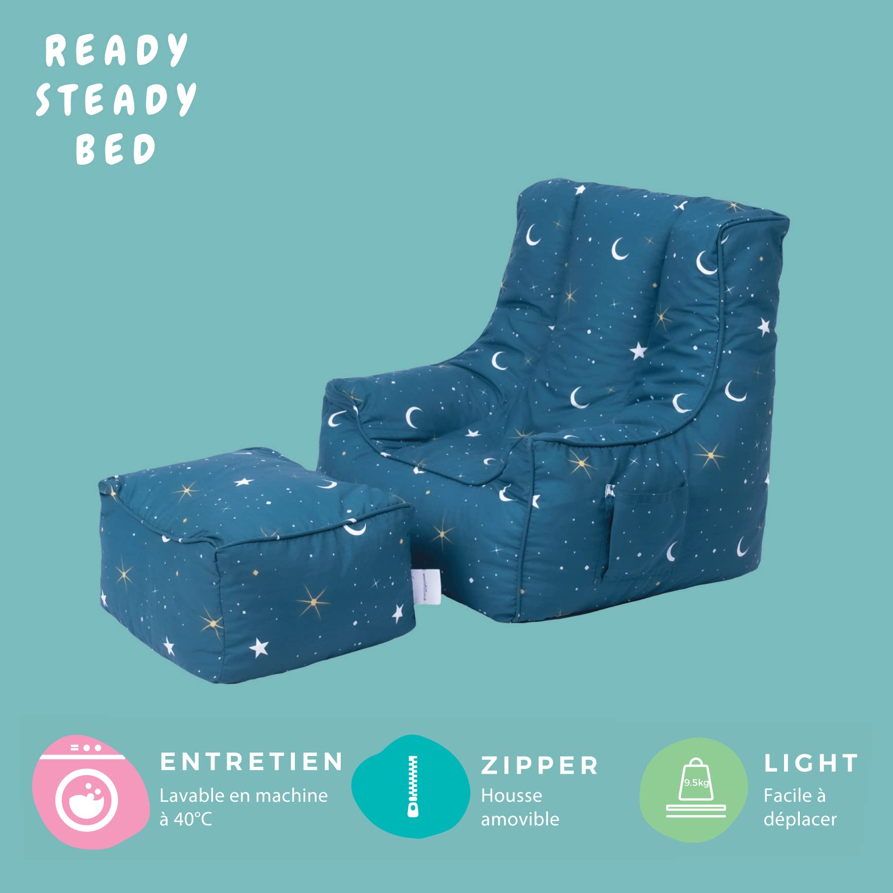 Ready Steady Bed Fauteuil Poire pour Enfants avec Pouf | Canapé pour Salle de Jeux avec sièges Souples et sécurisés pour Les Enfants | Fauteuil Ergonomique pour Les Tout-Petits | (Clair de Lune)