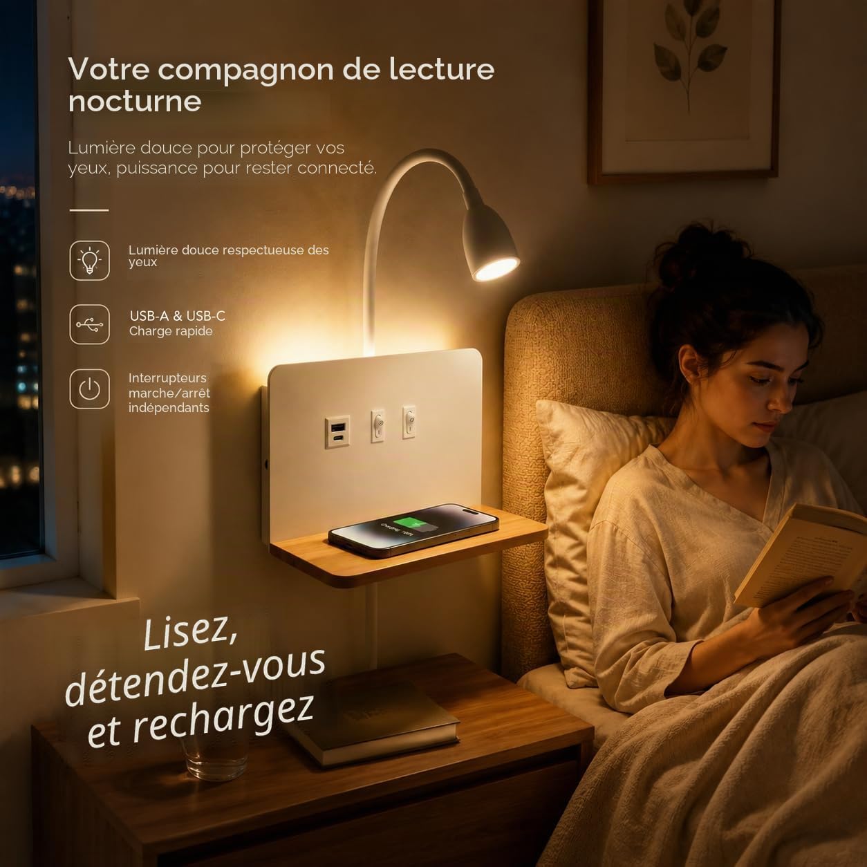 Applique Murale LED 10W avec Port USB, Chargeur Sans Fil, Dimmable Flexible 360°, Lampe de Chevet avec Interrupteur