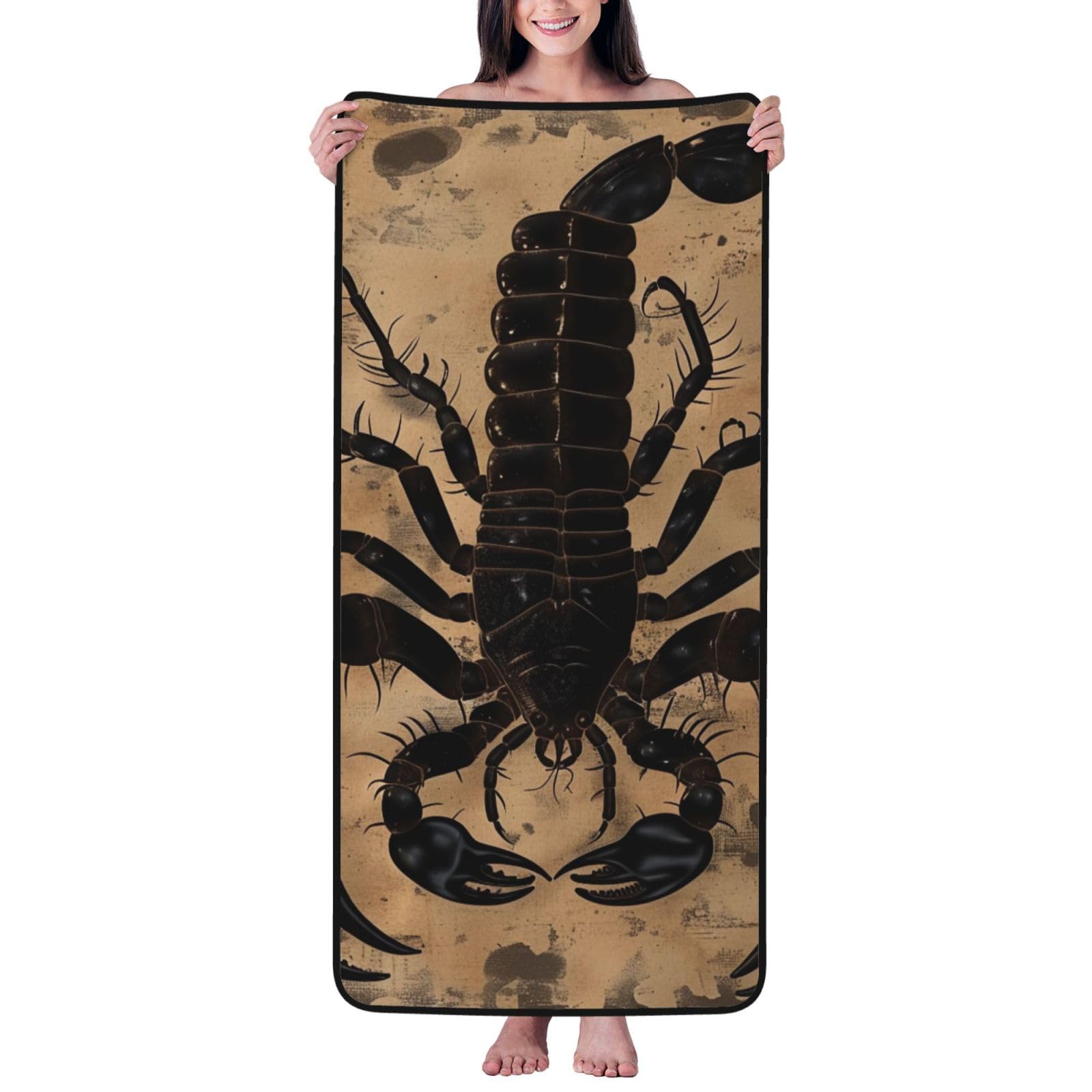 WPKJU Scorpion Printed Bath Towel with Black Edging - 27x55 in Soft Extra Absorbent Coral Velvet Shower Towels for Bathroom