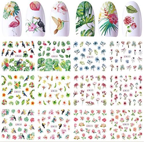 NELJIBEHU Nail Decals for Women Nail Art Stickers Water Transfer Decals Design 12 Sheets Flower Leaf Parrot Nail Tattoo Paper DIY Nail Art Supplies Manicure Acrylic Nail Foil Stencils Decorations Accessories