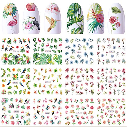 Neljibehu Nail Decals For Women Nail Art Stickers Water Transfer Decals Design 12 Sheets Flower Leaf Parrot Nail Tattoo Paper Diy Nail Art Supplies Manicure Acrylic Nail Foil Stencils Decorations Accessories #TOP18