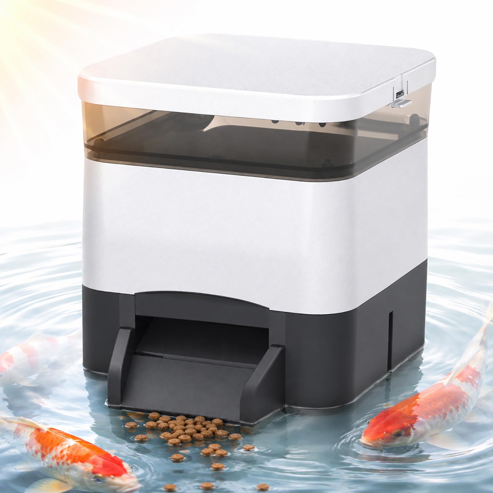 Distributore Solare per Pesci 4 L - Mangiatoia Automatica per Laghetto da Giardino e Koi Silver