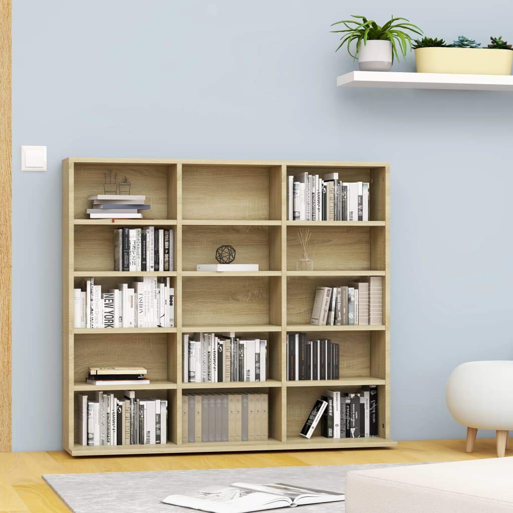 Szafka CD dębowa Sonoma 102 x 23 x 89,5 cm, wielowarstwowa drewniana szafka modułowa, mobilny regał na płyty CD, klasyczne regulowane przegródki, drewno