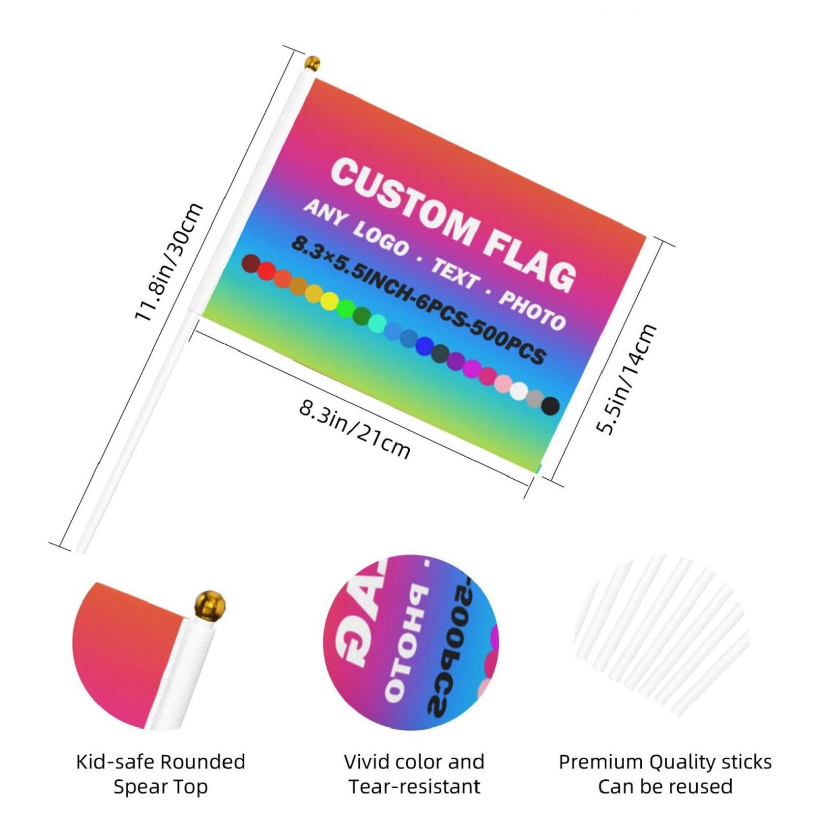Drapeaux Portables Personnalisés avec mât, 6 à 500 pièces, Mini Drapeaux Personnalisés avec Logo et Texte Photo pour Activités d'équipe, événements Sportifs, défilés de Match de Football, défilés