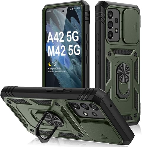 PASNEW Funda para Samsung Galaxy A42 5GM42 5G, funda militar resistente de cuerpo completo a prueba de golpes, lente deslizante con anillo giratorio