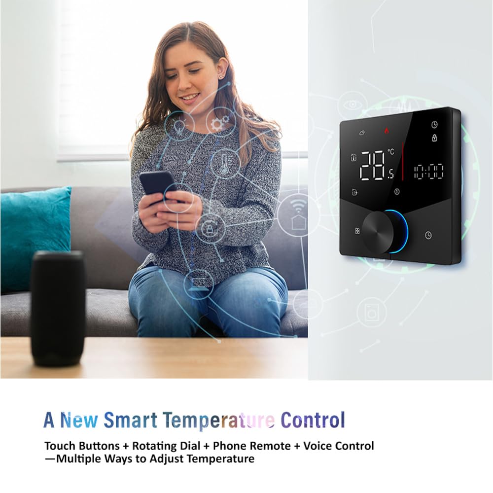 Termostato wireless Matter per riscaldamento elettrico a pavimento con controllo APP e assistente vocale Schermo touch digitale a LED colorato Manopola regolabile Controllo preciso della temper