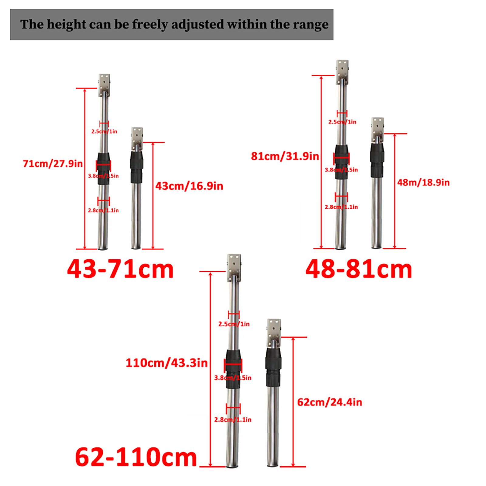 Tischbein klappbar, Klapptischbeine, höhenverstellbare Möbelbeine aus Edelstahl, für Küchenarbeitsplatten, Mobile Esstische für Wohnmobile, mit Schrauben (2PCS,Height:62-110cm)
