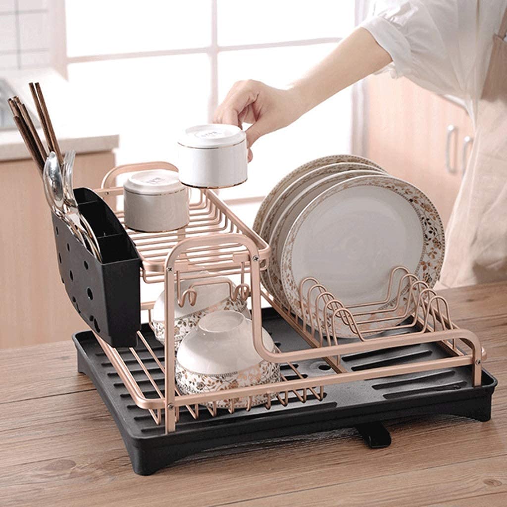 Dish Drainer Rack Dish Drying Rack Aluminum Dish Drying Rack with Removable Cutlery Holder Kitchen Dish Storage Rack,Golden 2-Tier