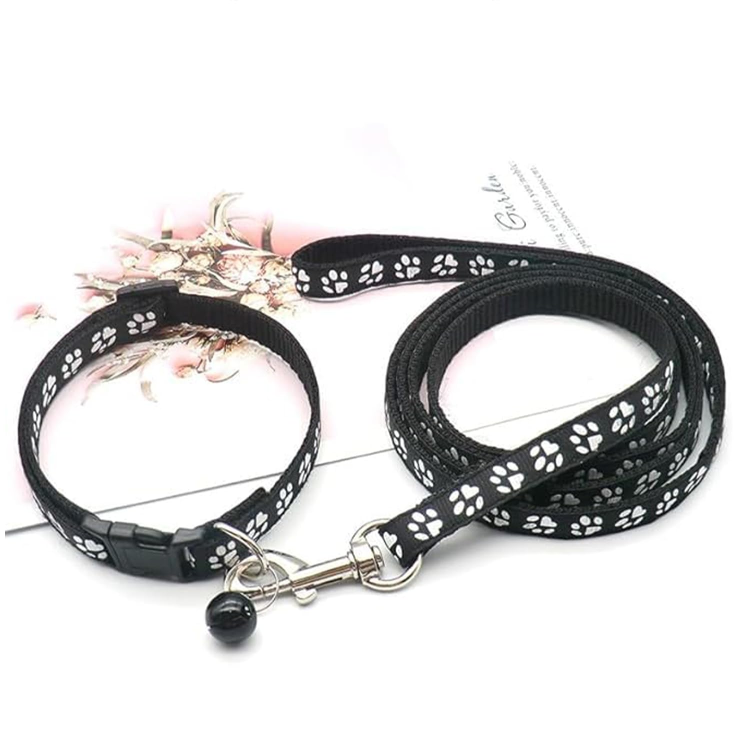 YellowCult Dog/Cat Collar Leash Set with Adjustable Soft Nylon Paw Print Pet Collar for Cats, Puppies, Small Dogs, Fat Rabbits Walking Training, Bell & Quick Release Buckle Safety Lock -[Black]