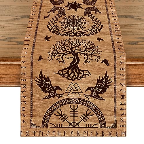 Artoid Mode Chemin de table en bois Viking, arbre de vie, corbeau, casque de révérence, décoration saisonnière de table en intérieur, décor de fête/vacances, 40 x...