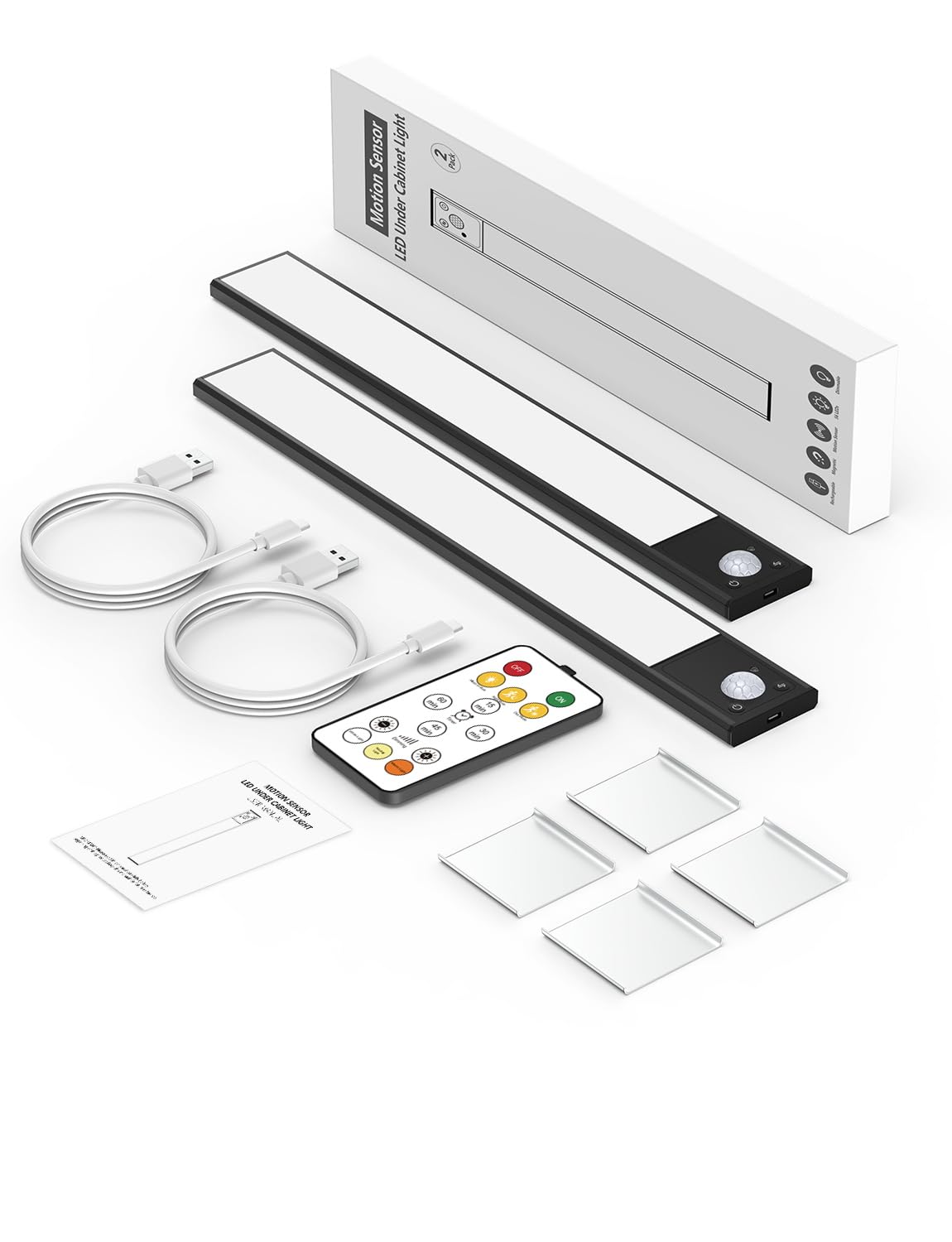 56LED Unterschrankbeleuchtung, kabellos, 30 cm Bewegungsmelder, wiederaufladbar, Unterschrankleuchten, magnetische Schrankleuchten, batteriebetrieben, Unterbauleuchten für Küche (2 Stück, Schwarz)