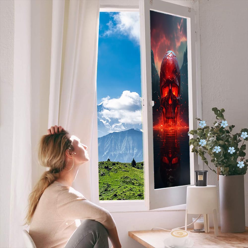 Abstrakter roter Totenkopf Buntglas-Fensterfolie, Vintage, Bergsee, Landschaft, dekorative Milchglas-Sichtschutzfolie, Hitzeregulierung, statische Haftung, Fensteraufkleber, 80 x 120 cm