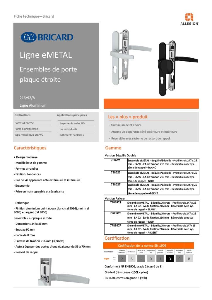 Bricard 788927. Ensemble de poignées sur plaque Emetal. Béquille et béquille pour Porte D'Entrée (Pour Cylindre Européen). Laqué Argent.