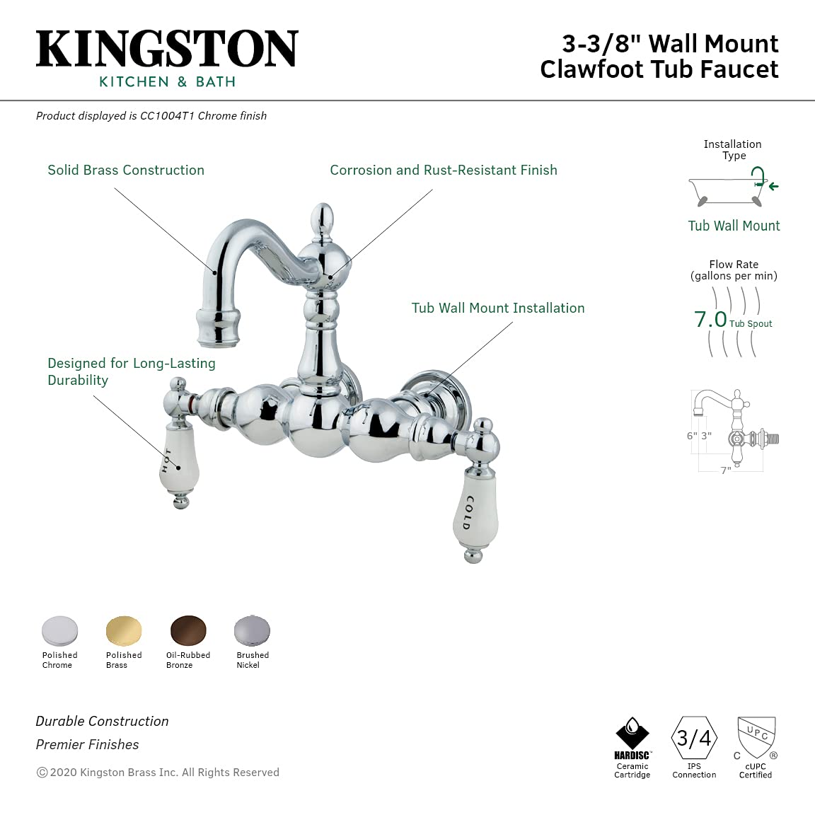 Kingston Brass cc1003t patrimonio 3 – 3/8-inch centro pierna Tub Filler