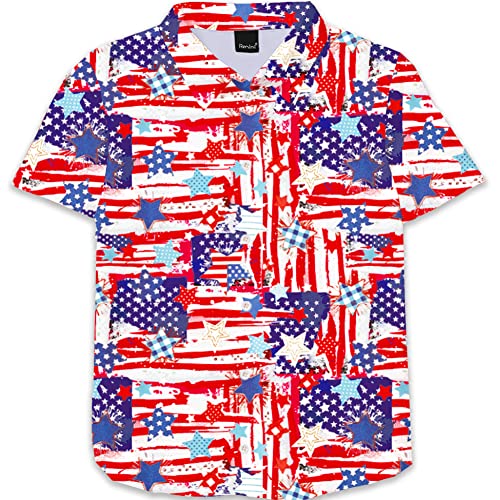 Image of Remimi Unisex Kids 4th of July Button Up Shirt Boys American Flag Print Hawaiian Beach Short Sleeve Tops 5-14 Years