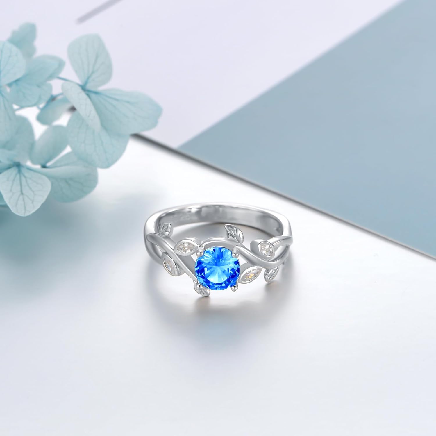 Blue Topaz Leaves Ring Sterling Silver December Birthstone Ring 6MM Round Crystal Engagement Ring Birthday Wedding Jewelry for Women Size 8 - Image 2