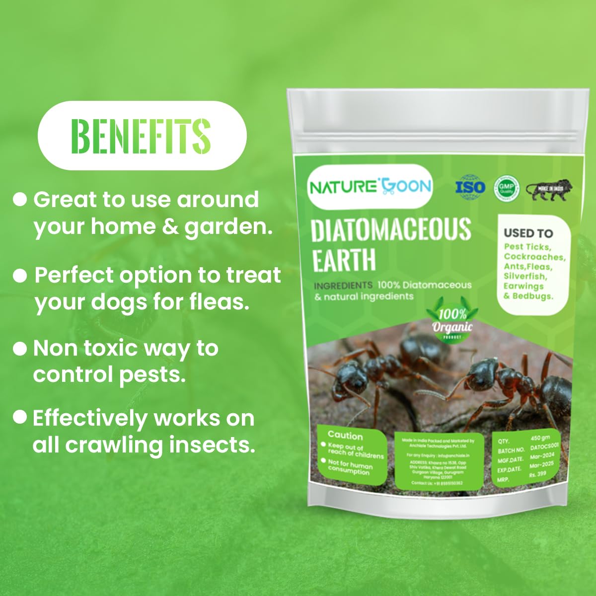 Naturegoon Diatomaceous Earth Powder 450 gm | 100% Organic and Natural | Safe Pest Control for Garden and Home | Dog Powder for Prevention of Fleas 2