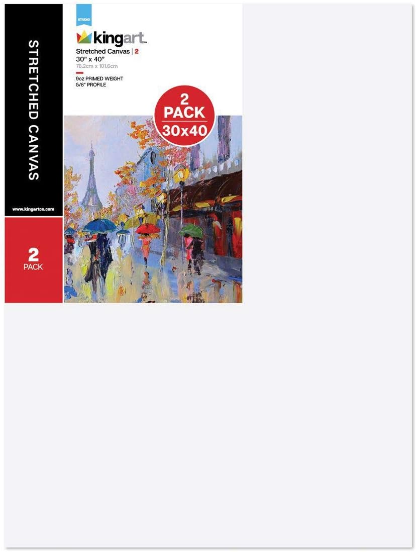 KINGART Large White 30" x 40" Stretched Artist Canvas, Pack of 2, Gesso Primed - 100% Cotton Rectangular Canvases, 5/8" Profile, Art Supplies for Oil and Acrylic Painting