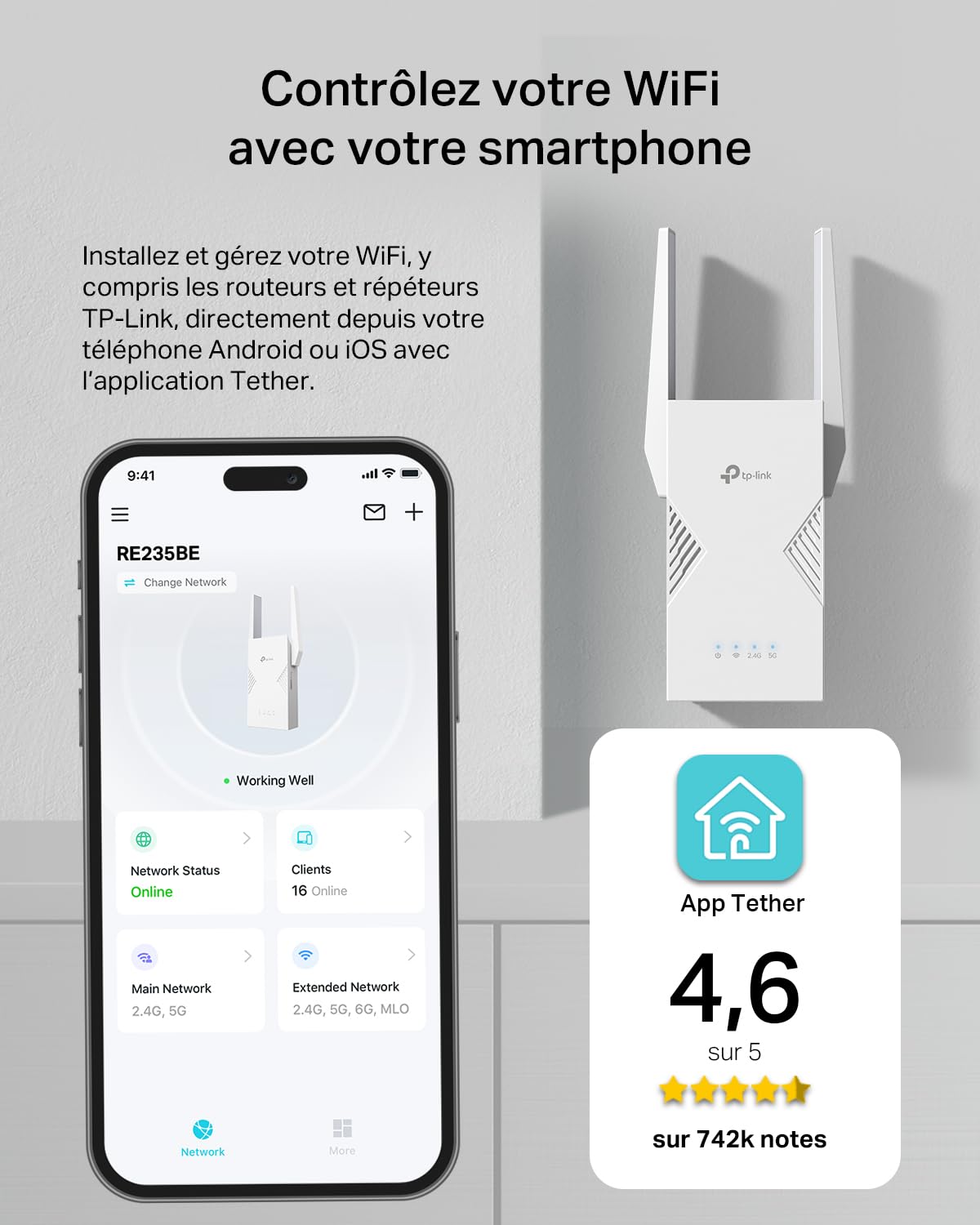 TP-Link Répéteur WiFi 7 Puissant 3600 Mbps, Port 2.5 Gigabit, RE235BE