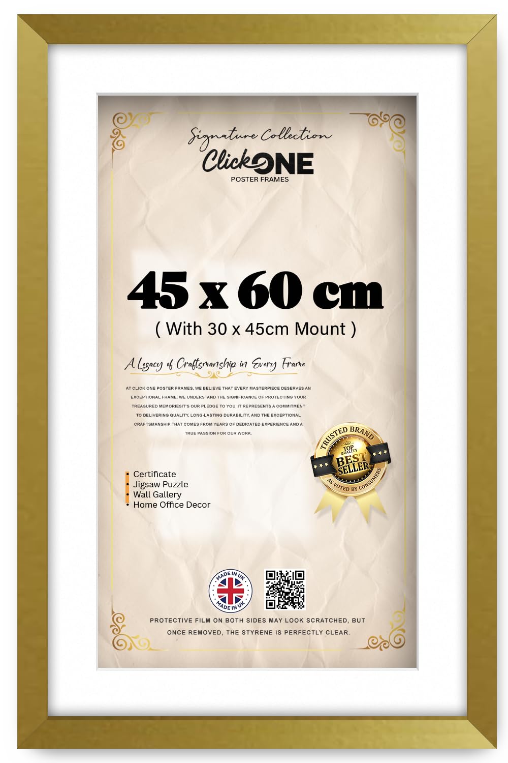 Click One Rectangle Engineered Wood Finish 45 X 60 Cm Poster Frame With 45 X 30 Cm White Mount Ideal For Portrait Or Landscape 24 X 18 Inch Wall Gallery Display With Subtle Gold Trim And Hanging