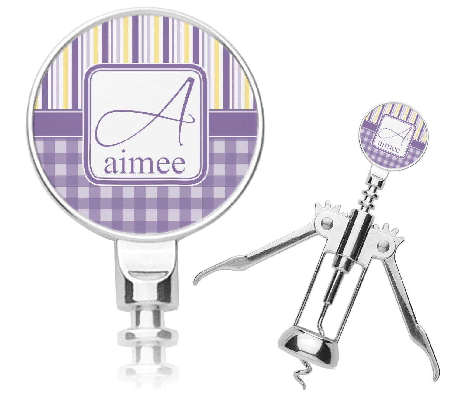 Personalized Purple Gingham & Stripe Corkscrew