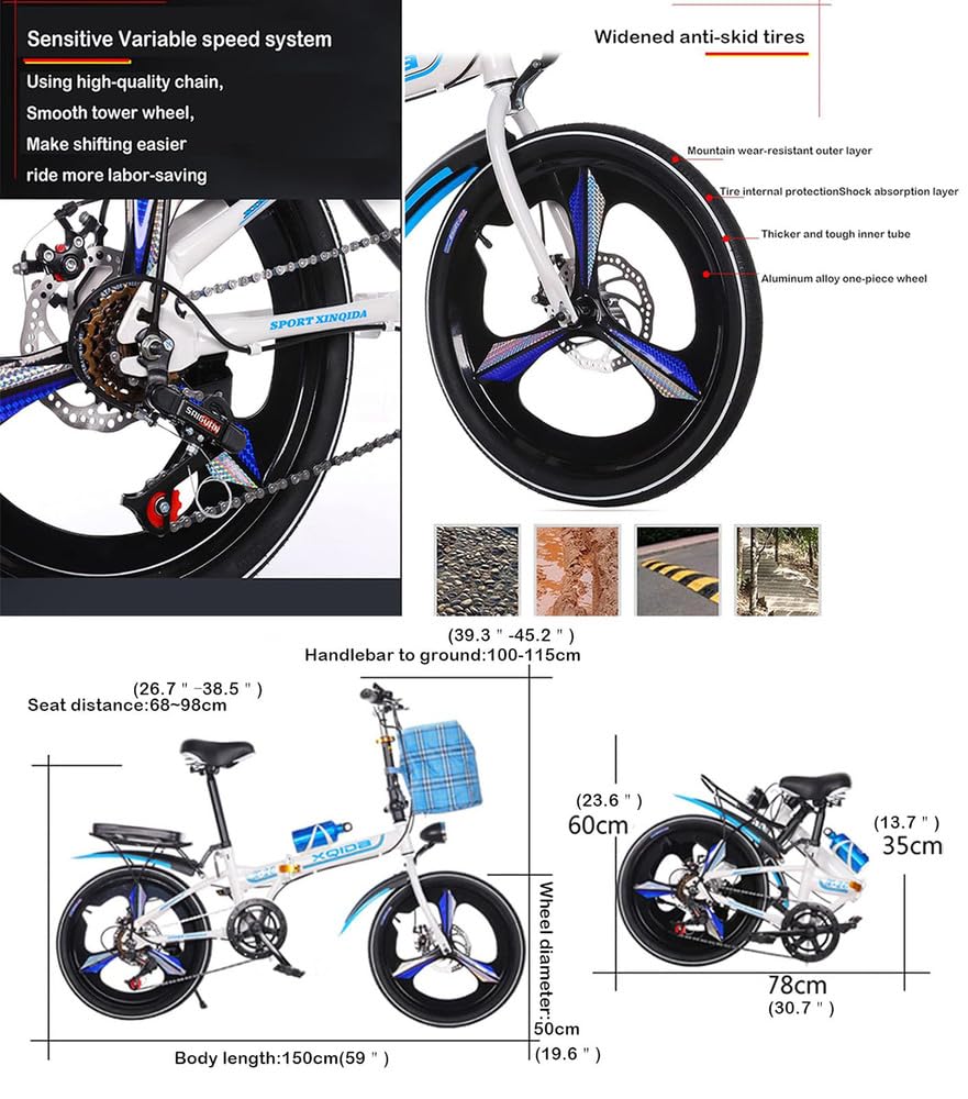 Vélo Pliant de 20 Pouces, 6 Vitesses, réglable en Hauteur, Vélos de Ville pliants Vintage pour Hommes et Femmes, avec éclairage et Panier/Expédition Depuis Un entrepôt Allemand