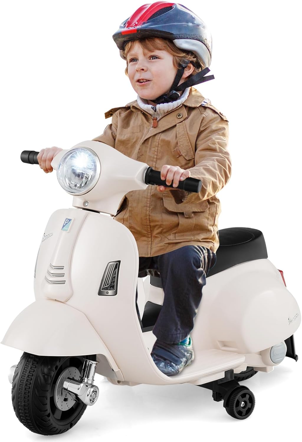A young child wearing a helmet and jacket, happily riding the white HONEY JOY Kids Electric Vespa Scooter.