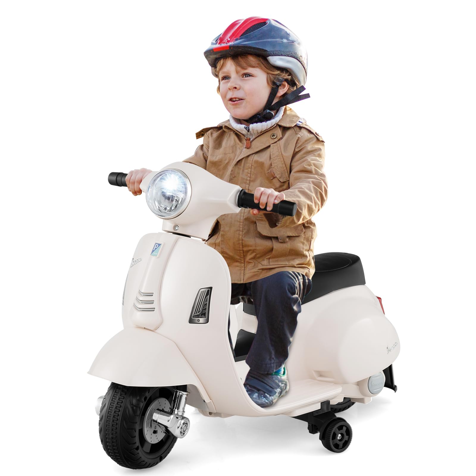 HONEY JOY Kids Motorcycle, Electric Vespa Scooter with Training Wheels, Headlight, Horn, One-Button Start, 6V Battery Powered Toddler Motorcycle, Ride On Toy, Gift for Boys Girls (White)