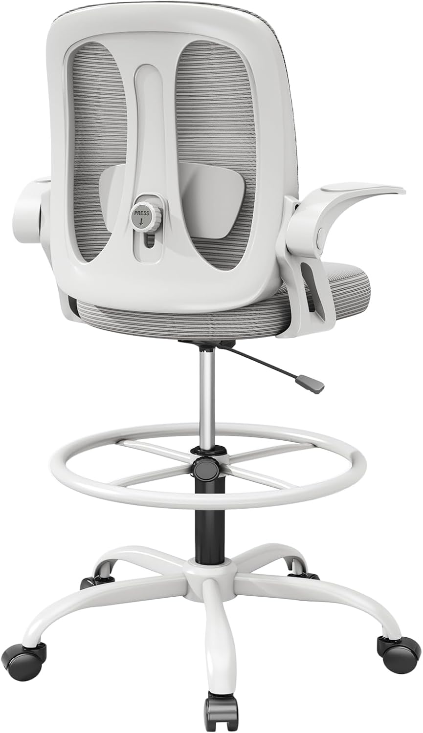 Alllion Drafting Chair, Tall Office Chair with Flip-up Armrests Ergonomic Computer Standing High Desk Chair with Adjustable Lumbar Support and Footrest Ring for Man Women and Artist Chairs, Grey