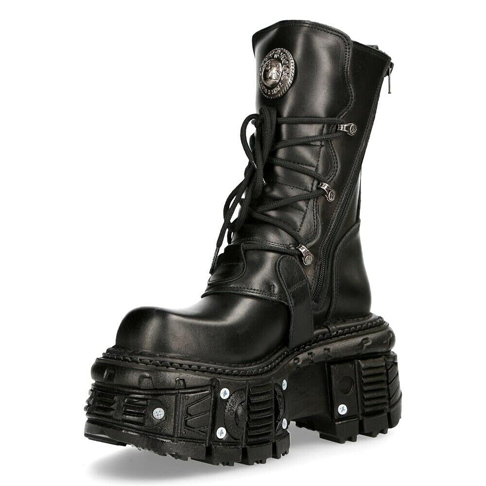 NEW ROCK TANK373-S1 Stivali Unisex con Piattaforma in Pelle Nera Stile Motociclista Gotico