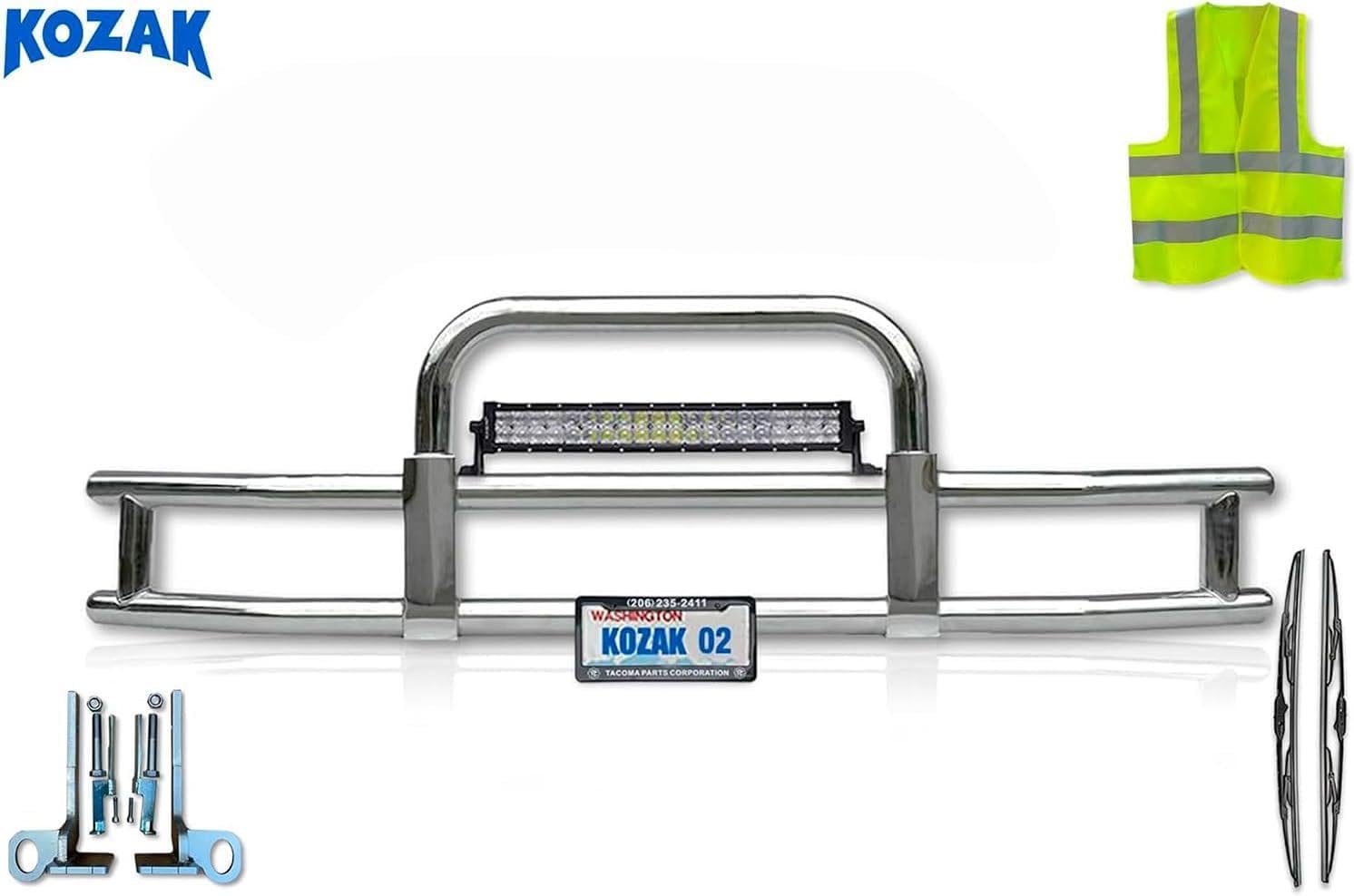 KOZAK Compatible with Peterbilt 579 2013-2020 Front Bumper Grille Deer Brush Moose Guard - Square - 22" LED Bar Light, License Plate Holder, Bracket, Logo, Wipers and KOZAK Reflective Vest Included
