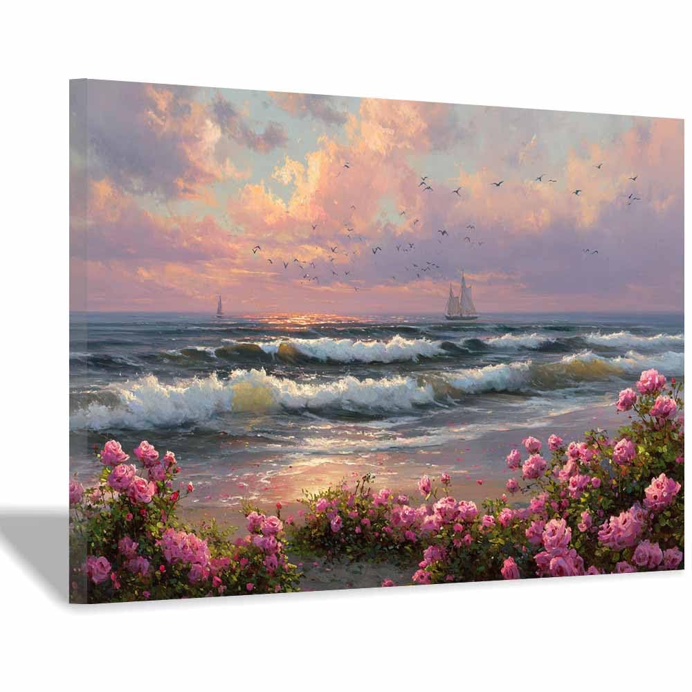 PUQAAEO Canvas Prints Wall Art Floral Ocean Sunset Art Landscape Pictures Modern Canvas Painting Giclee Artwork For Home Decoration(Multicolor)-60x90cm Framed
