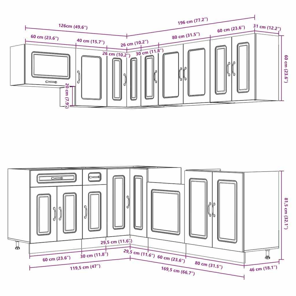 Set di 11 mobili da cucina Kalmar grigio cemento, mobili da cucina modulari in legno, mobili da cucina modulari con pensili e pensili per riporre oggetti e ordine
